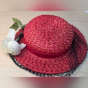 Vintage Clover Lane 60s Woven Straw/Paper Red Hat With Veil And Faux Flower
